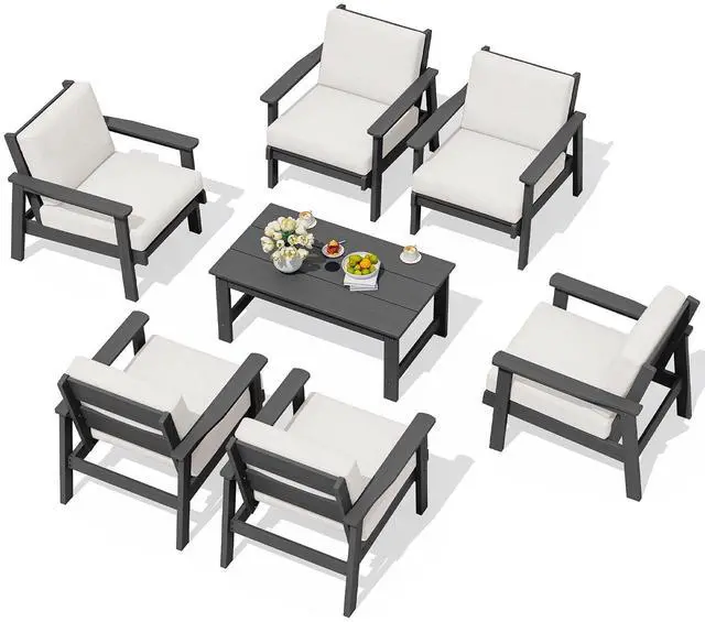 Main image of HDPE Outdoor Furniture Set, 7 Piece All Weather Wood-Like Outdoor Sofa Sectional Couch, Grey Patio Furniture Set with Khaki Cushions