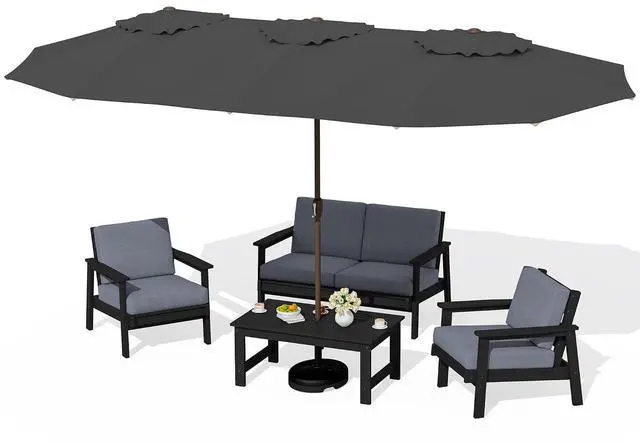 Main image of HDPE Patio Furniture Set with 15FT Double Side Patio Umbrella, All Weather Wood-Like Outdoor Sofa Sectional Couch, Black Patio Furniture with Grey Cushions