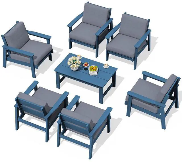 Main image of HDPE Outdoor Furniture Set, 7 Piece All Weather Wood-Like Outdoor Sofa Sectional Couch, Blue Patio Furniture Set with Grey Cushions