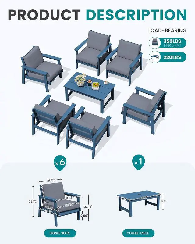 Alt view image 2 of 7 - HDPE Outdoor Furniture Set, 7 Piece All Weather Wood-Like Outdoor Sofa Sectional Couch, Blue Patio Furniture Set with Grey Cushions