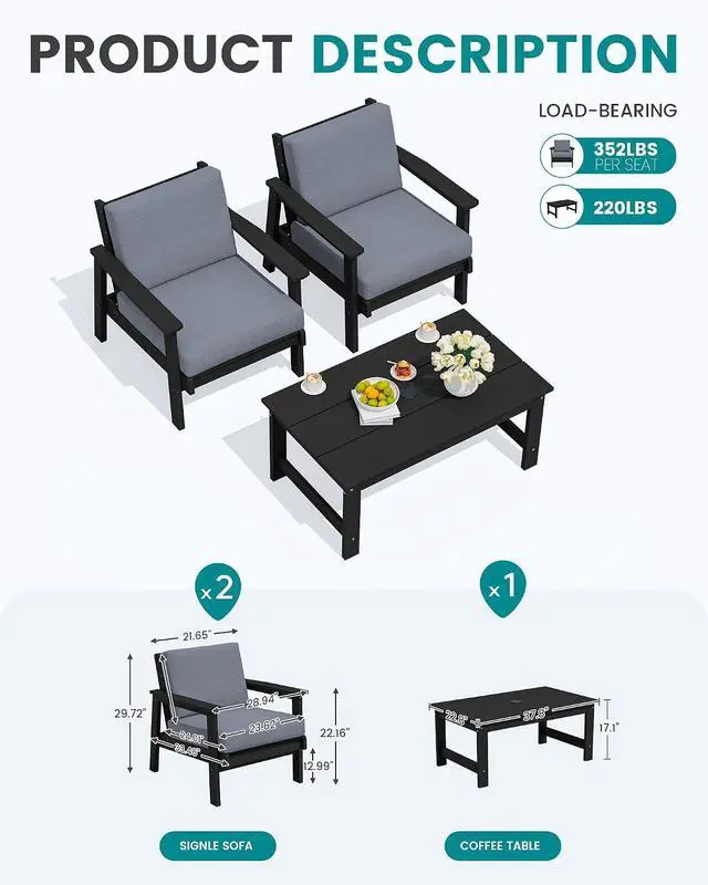 Alt view image 2 of 7 - HDPE Outdoor Couch, Black Frame and Grey Cushion