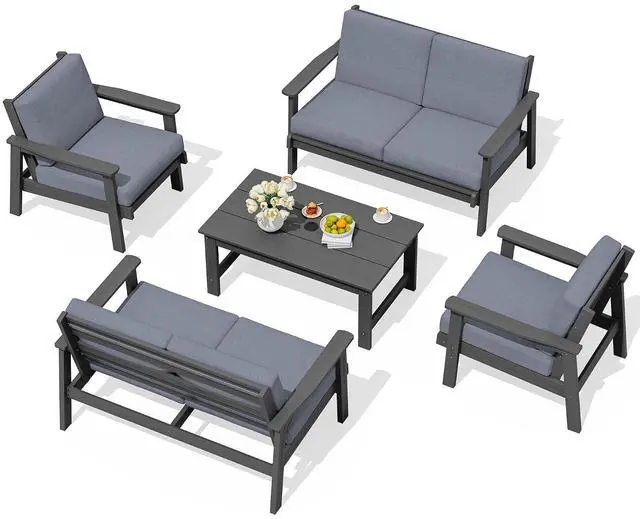 Main image of HDPE Patio Furniture Set, 5 Piece All Weather Wood-Like Sectional Outdoor Furniture Set, Grey Patio Sofa Couch with Grey Cushions for Deck, Lawn