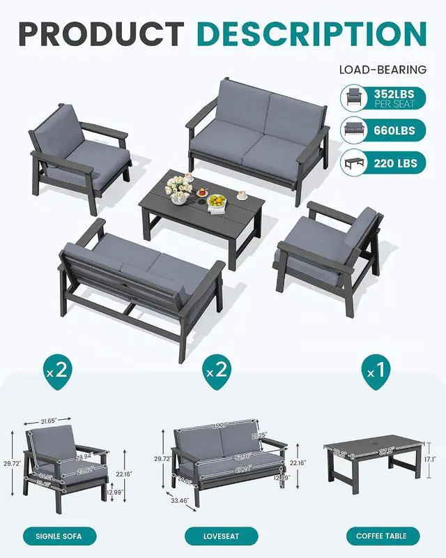 Alt view image 2 of 7 - HDPE Patio Furniture Set, 5 Piece All Weather Wood-Like Sectional Outdoor Furniture Set, Grey Patio Sofa Couch with Grey Cushions for Deck, Lawn