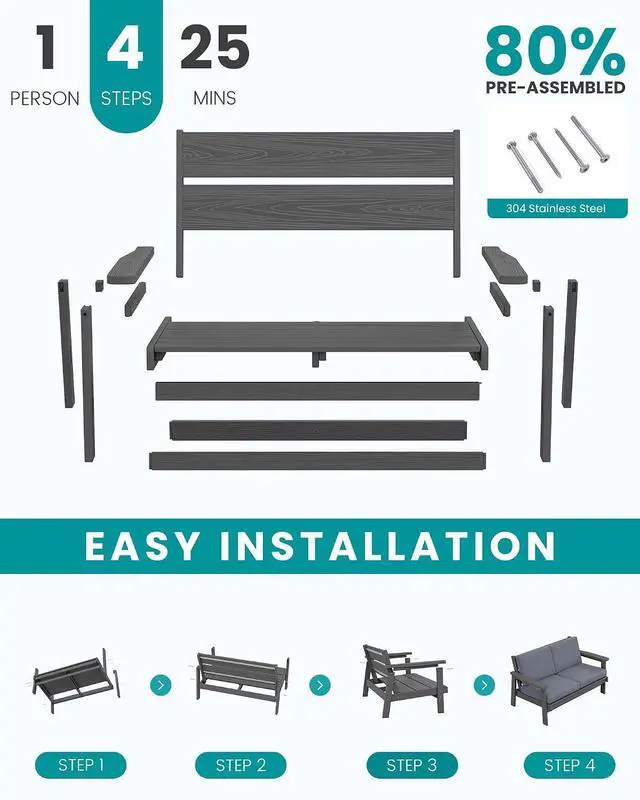 Alt view image 7 of 7 - HDPE Patio Furniture Set, 5 Piece All Weather Wood-Like Sectional Outdoor Furniture Set, Grey Patio Sofa Couch with Grey Cushions for Deck, Lawn