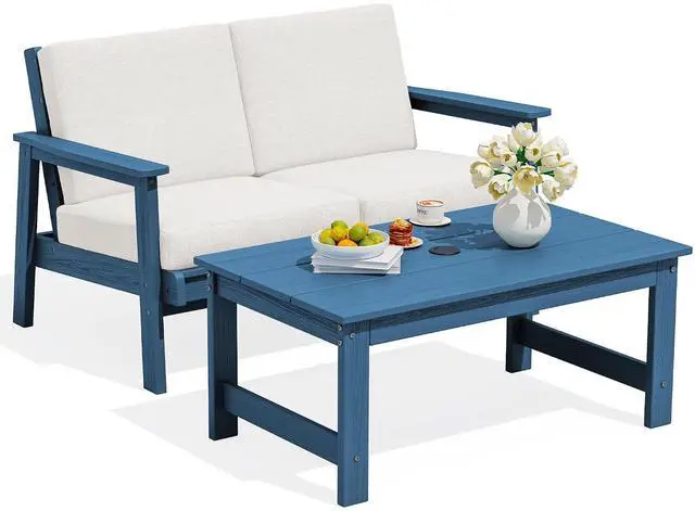 Main image of Outdoor Loveseat, Blue Frame and Khaki Cushion