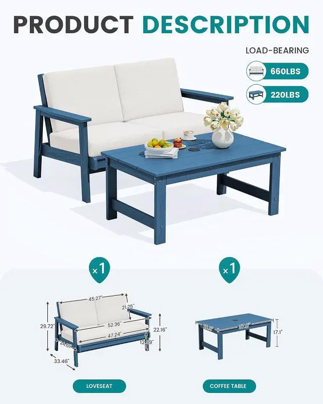Alt view image 2 of 7 - Outdoor Loveseat, Blue Frame and Khaki Cushion