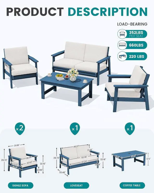 Alt view image 2 of 7 - 4 Piece HDPE Outdoor Furniture Set, All Weather Wood-Like Outdoor Sofa Sectional Couch, Bllue Patio Furniture Set with Khaki Cushions