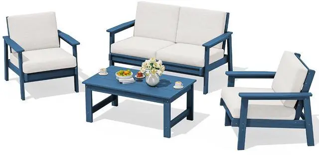 Main image of 4 Piece HDPE Outdoor Furniture Set, All Weather Wood-Like Outdoor Sofa Sectional Couch, Bllue Patio Furniture Set with Khaki Cushions