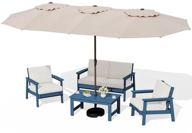 Main image of HDPE Patio Furniture Set with 15FT Double Side Patio Umbrella, All Weather Wood-Like Outdoor Sofa Sectional Couch, Blue Patio Furniture with Khaki Cushions