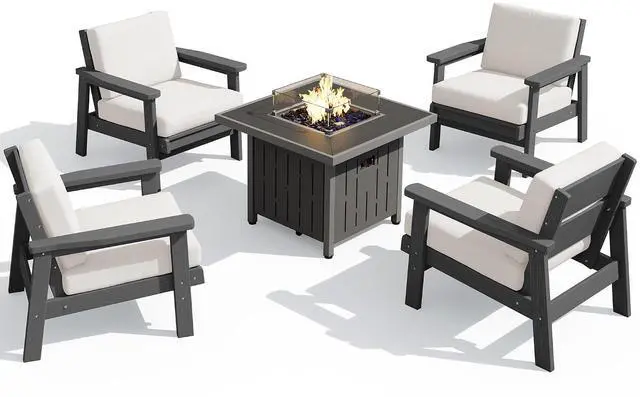 Main image of Patio Furniture Set with 33 Fire Pit Table, HDPE Outdoor Sectional Sofa Set with Thickened Cushions, Grey Frame with Khaki Cushions