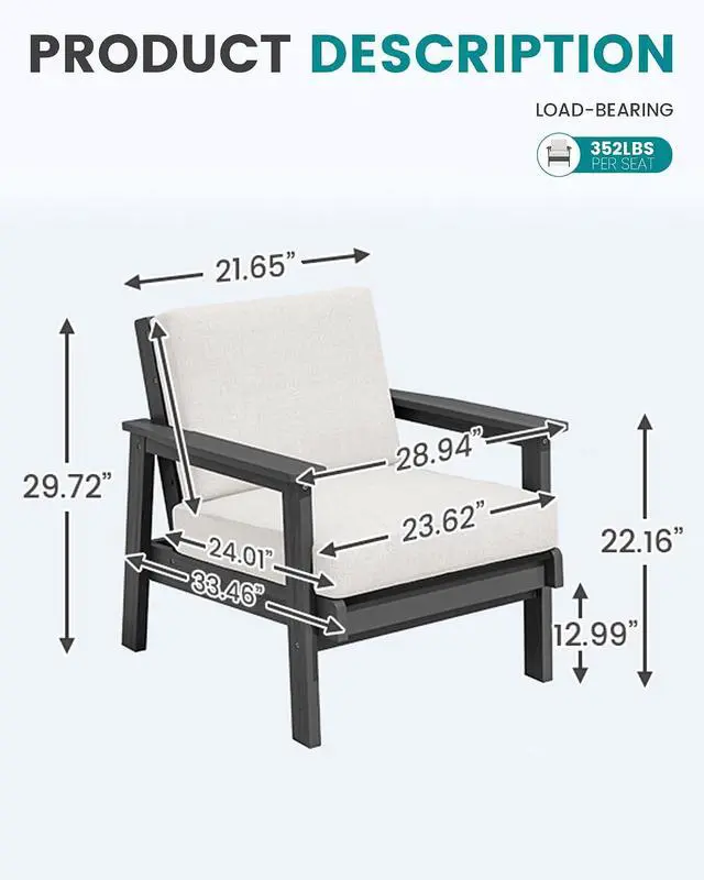 Alt view image 4 of 7 - HDPE Outdoor Couch Set of 2, All-Weather Wood-Like Patio Furniture Set, Outdoor Sofa Chairs with Khaki Cushions