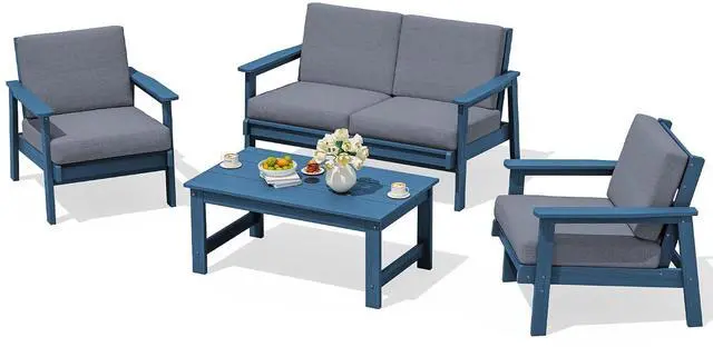 Main image of 4 Piece HDPE Outdoor Furniture Set, All Weather Wood-Like Outdoor Sofa Sectional Couch, Blue Patio Furniture Set with Grey Cushions