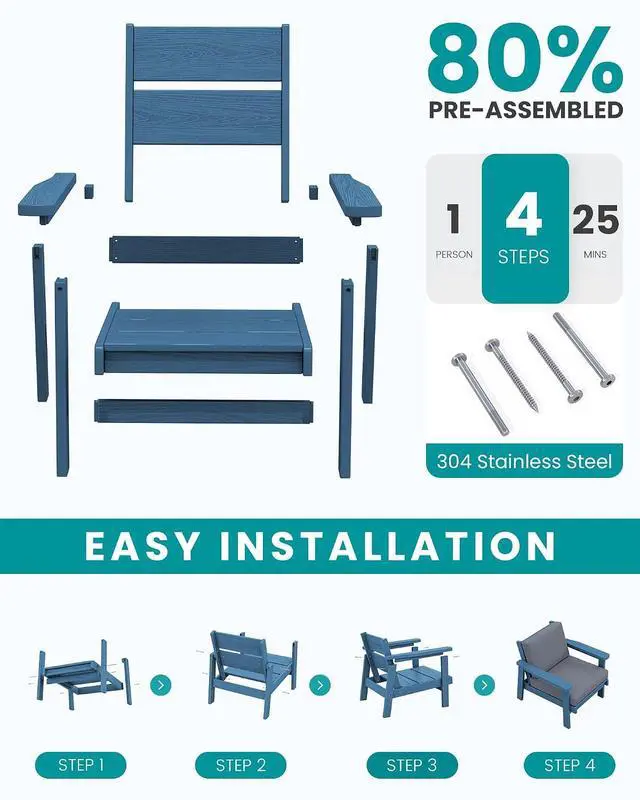 Alt view image 7 of 7 - 4 Piece HDPE Outdoor Furniture Set, All Weather Wood-Like Outdoor Sofa Sectional Couch, Blue Patio Furniture Set with Grey Cushions