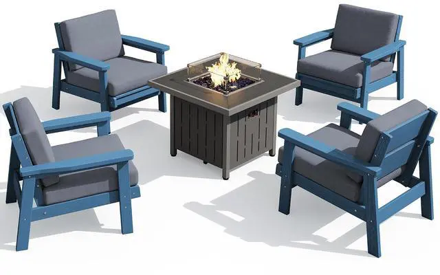 Main image of Patio Furniture Set with 33 Fire Pit Table, HDPE Outdoor Sectional Sofa Set with Thickened Cushions, Blue Frame with Grey Cushions
