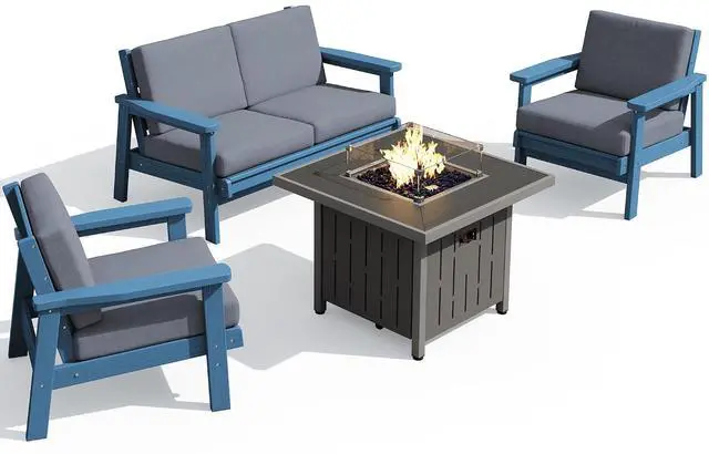 Main image of Patio Furniture Set with 33 Fire Pit Table, HDPE Outdoor Sectional Sofa Set with Thickened Cushions, Blue Frame with Grey Cushions