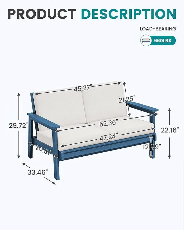 Alt view image 2 of 7 - HDPE Outdoor Patio Loveseat, Blue Frame and Khaki Cushion