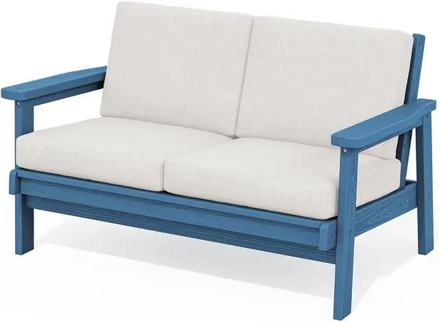 Main image of HDPE Outdoor Patio Loveseat, Blue Frame and Khaki Cushion