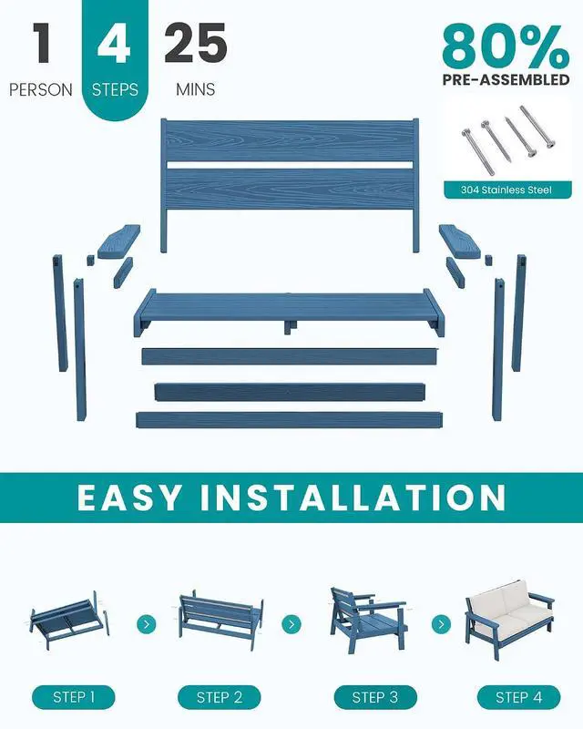 Alt view image 7 of 7 - 4 Piece HDPE Outdoor Furniture Set, All Weather Wood-Like Outdoor Sofa Sectional Couch, Bllue Patio Furniture Set with Khaki Cushions