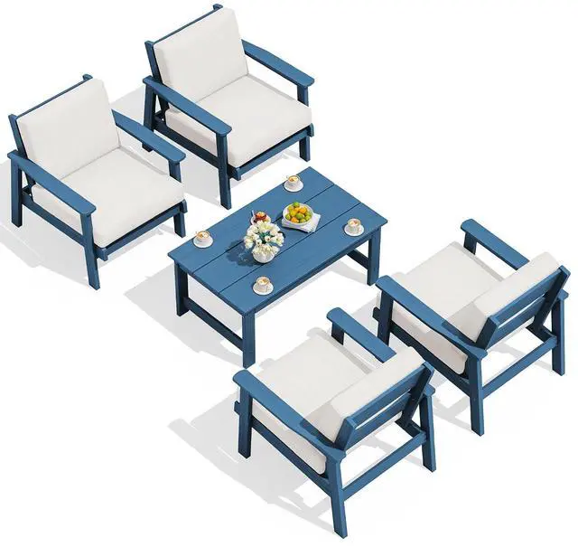 Main image of Outdoor Patio Furniture Set, 5 Piece HDPE Patio Conversation Sets, All-Weather Wood-Like Outdoor Couch Loveseat and Coffee Table with Thick Cushions for Porch Balcony Garden Backyard