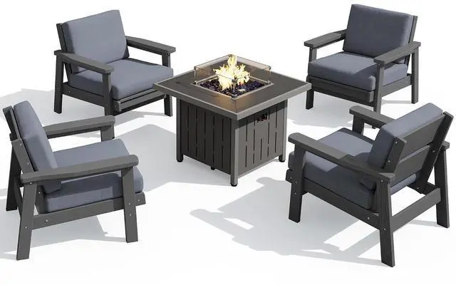 Main image of Patio Furniture Set with 33 Fire Pit Table, HDPE Outdoor Sectional Sofa Set with Thickened Cushions, Grey Frame with Grey Cushions