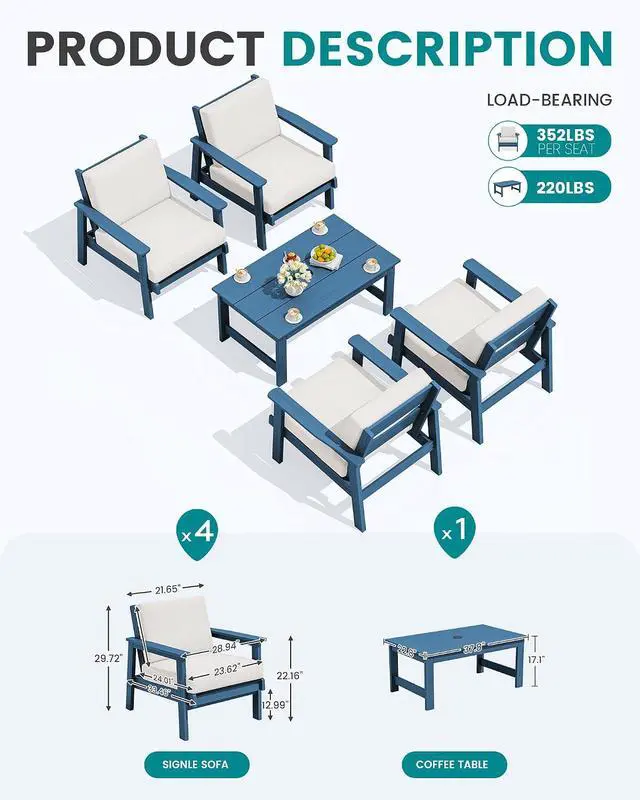 Alt view image 2 of 7 - Outdoor Patio Furniture Set, 5 Piece HDPE Patio Conversation Sets, All-Weather Wood-Like Outdoor Couch Loveseat and Coffee Table with Thick Cushions for Porch Balcony Garden Backyard