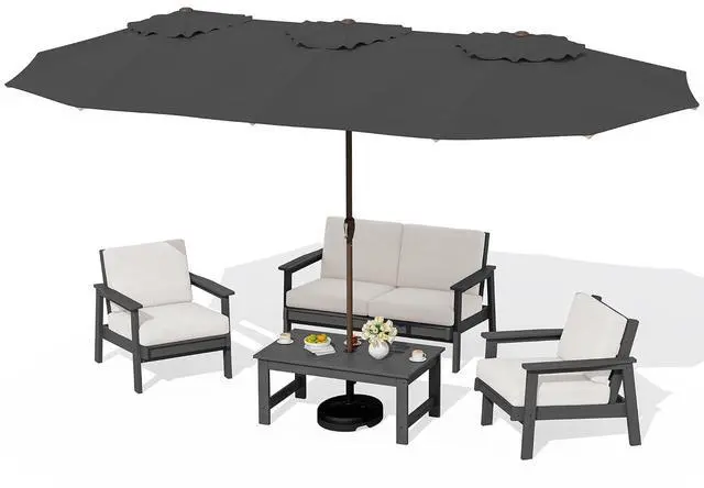 Main image of HDPE Patio Furniture Set with 15FT Double Side Patio Umbrella, All Weather Wood-Like Outdoor Sofa Sectional Couch, Grey Patio Furniture with Khaki Cushions