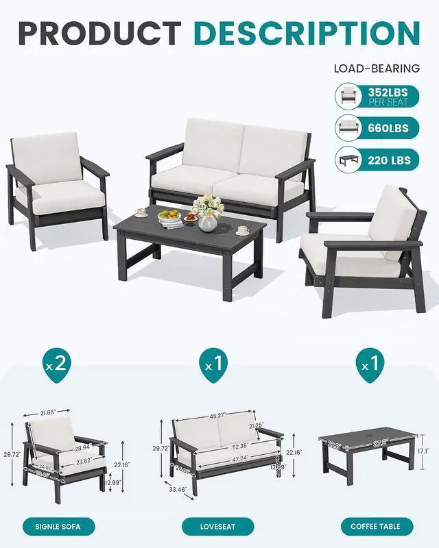 Alt view image 3 of 7 - HDPE Outdoor Furniture Set 4, All Weather Wood-Like Outdoor Sofa Sectional Couch, Grey Patio Furniture Set with Khaki Cushions