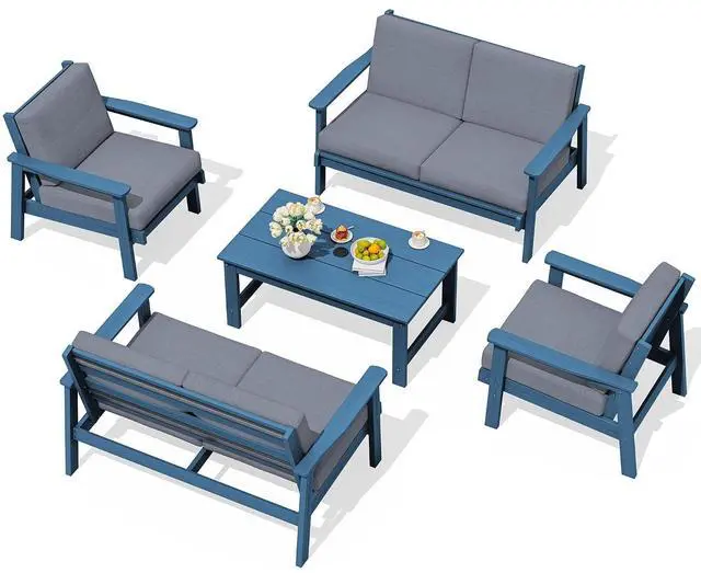 Main image of HDPE Patio Furniture Set, 5 Piece All Weather Wood-Like Sectional Outdoor Furniture Set, Blue Patio Sofa Couch with Grey Cushions for Deck, Lawn