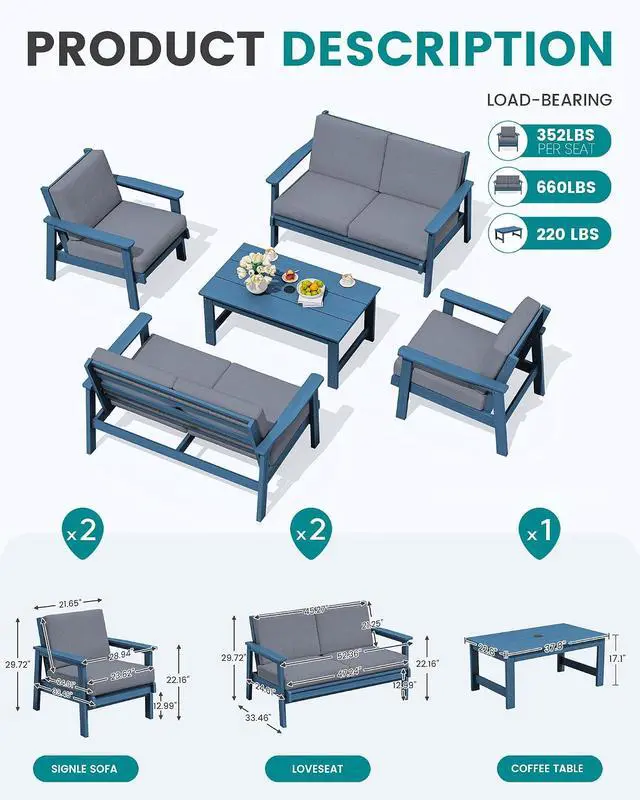 Alt view image 2 of 7 - HDPE Patio Furniture Set, 5 Piece All Weather Wood-Like Sectional Outdoor Furniture Set, Blue Patio Sofa Couch with Grey Cushions for Deck, Lawn