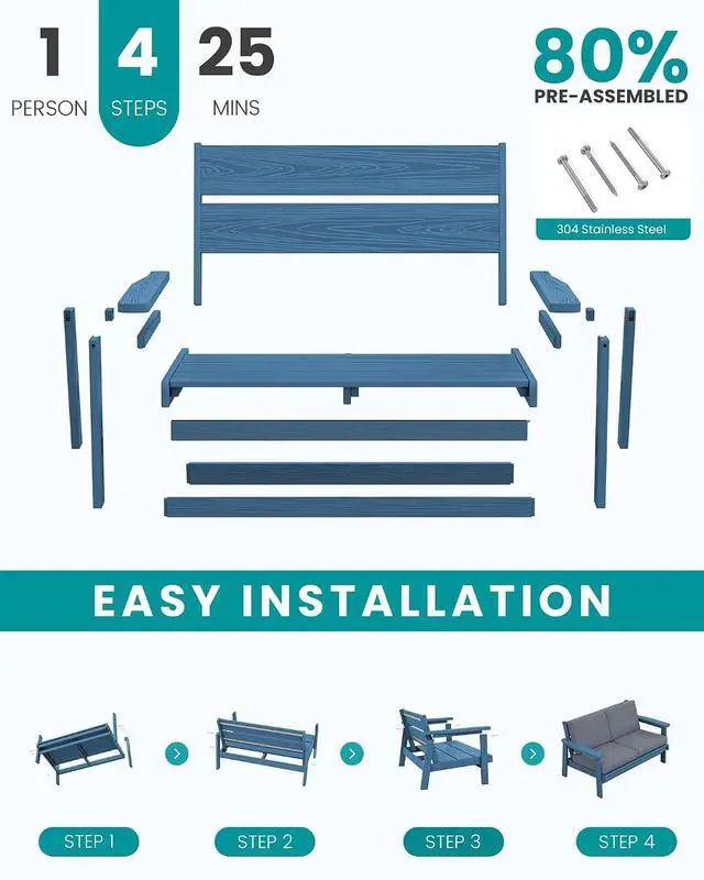 Alt view image 7 of 7 - HDPE Patio Furniture Set, 5 Piece All Weather Wood-Like Sectional Outdoor Furniture Set, Blue Patio Sofa Couch with Grey Cushions for Deck, Lawn