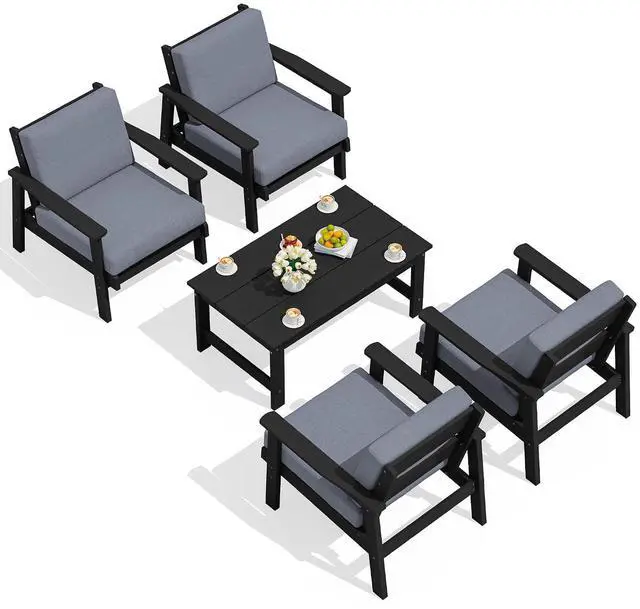 Main image of Outdoor Patio Furniture Set, 5 Piece HDPE Patio Conversation Sets, All-Weather Wood-Like Outdoor Couch Loveseat and Coffee Table with Thick Cushions for Porch Balcony Garden Backyard