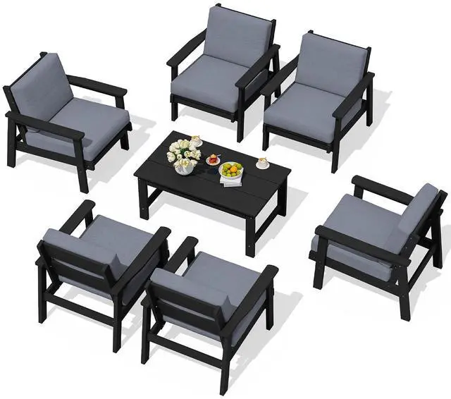 Main image of HDPE Outdoor Furniture Set, 7 Piece All Weather Wood-Like Outdoor Sofa Sectional Couch, Black Patio Furniture Set with Grey Cushions