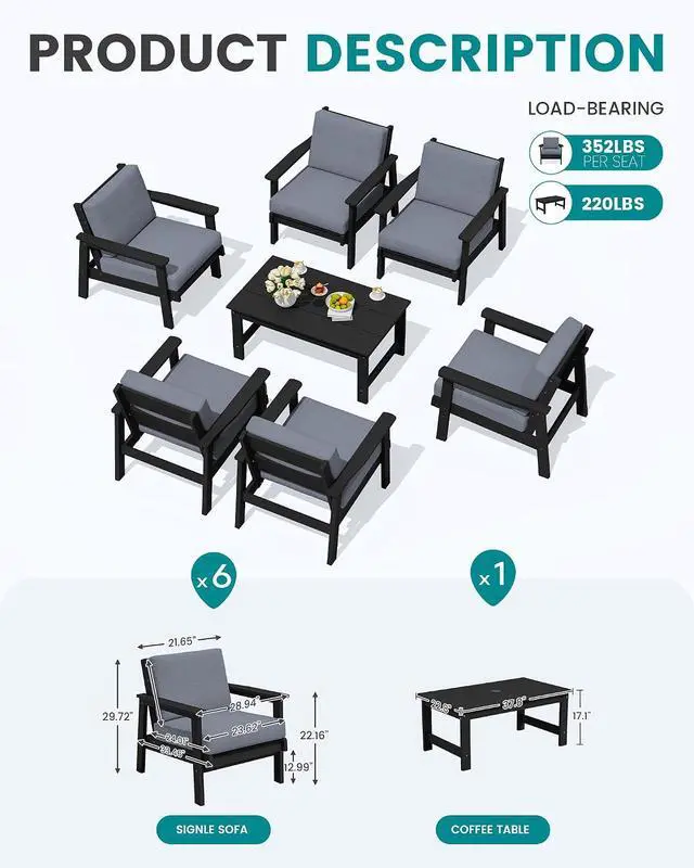 Alt view image 2 of 7 - HDPE Outdoor Furniture Set, 7 Piece All Weather Wood-Like Outdoor Sofa Sectional Couch, Black Patio Furniture Set with Grey Cushions