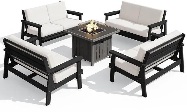 Main image of Patio Furniture Set with 33 Fire Pit Table, HDPE Outdoor Sectional Sofa Set with Thickened Cushions, Black Frame with Khaki Cushions
