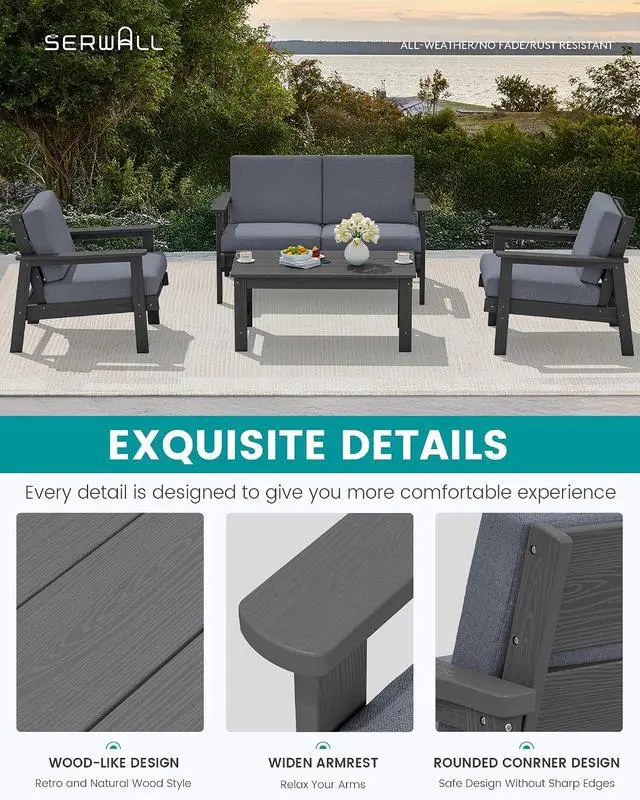 Alt view image 4 of 7 - Outdoor Patio Furniture Set, 5 Piece HDPE Patio Conversation Sets, All-Weather Wood-Like Outdoor Couch Loveseat and Coffee Table with Thick Cushions for Porch Balcony Garden Backyard
