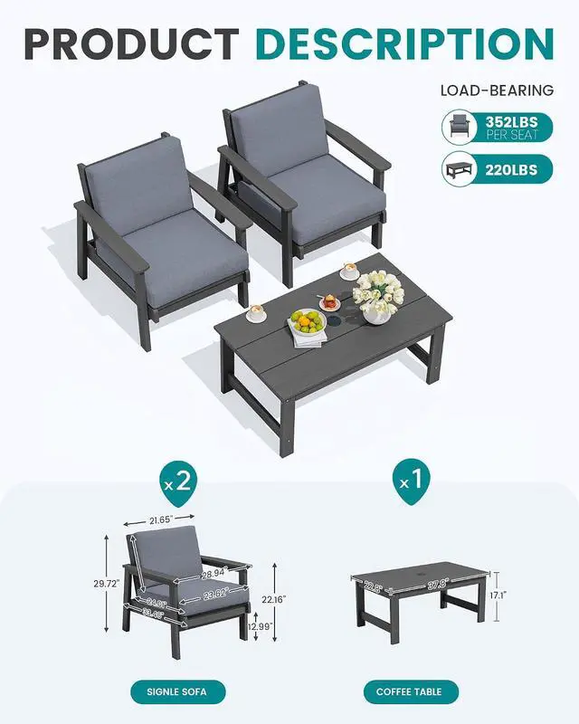 Alt view image 2 of 7 - HDPE Outdoor Couch, Grey Frame and Grey Cushion