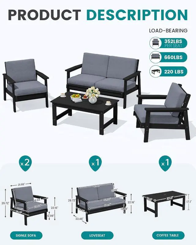 Alt view image 2 of 7 - 4 Piece HDPE Outdoor Furniture Set, All Weather Wood-Like Outdoor Sofa Sectional Couch, Black Patio Furniture Set with Grey Cushions