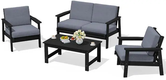 Main image of 4 Piece HDPE Outdoor Furniture Set, All Weather Wood-Like Outdoor Sofa Sectional Couch, Black Patio Furniture Set with Grey Cushions