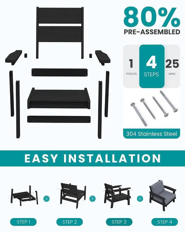 Alt view image 7 of 7 - 4 Piece HDPE Outdoor Furniture Set, All Weather Wood-Like Outdoor Sofa Sectional Couch, Black Patio Furniture Set with Grey Cushions