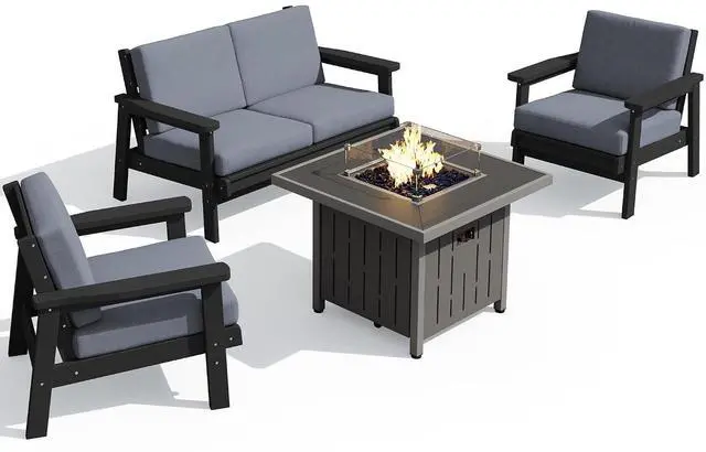 Main image of Patio Furniture Set with 33 Fire Pit Table, HDPE Outdoor Sectional Sofa Set with Thickened Cushions, Black Frame with Grey Cushions