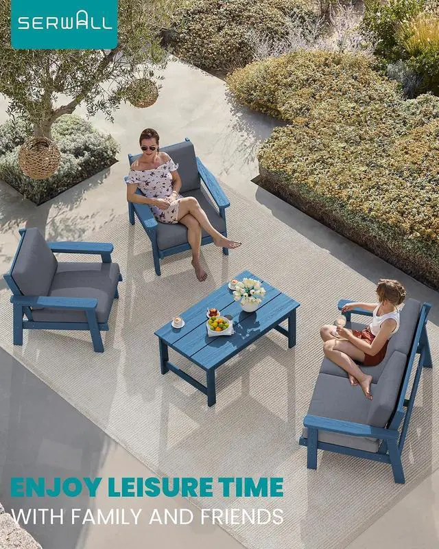 Alt view image 3 of 7 - HDPE Outdoor Patio Loveseat, Blue Frame and Grey Cushion