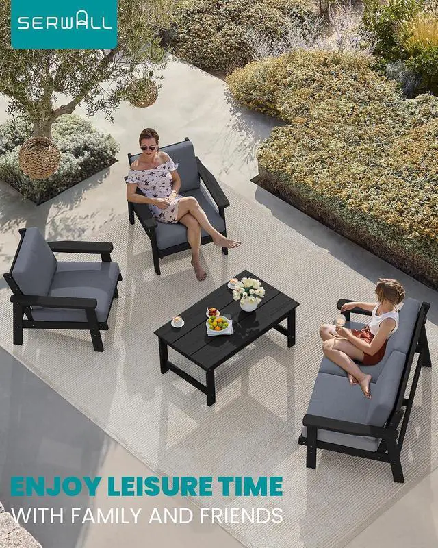 Alt view image 4 of 7 - HDPE Outdoor Patio Loveseat, All Weather Wood-Like Outdoor Sofa HDPE Outdoor Furniture, Black Frame and Grey Cushion