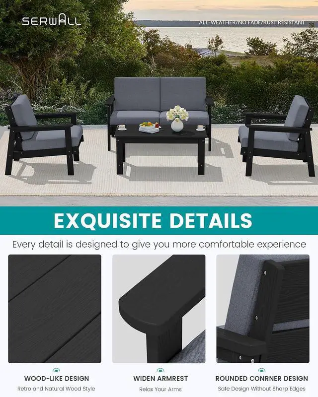 Alt view image 4 of 7 - 4 Piece HDPE Outdoor Furniture Set, All Weather Wood-Like Outdoor Sofa Sectional Couch, Black Patio Furniture Set with Grey Cushions