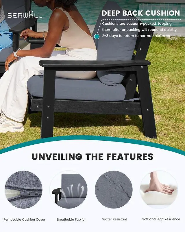 Alt view image 3 of 7 - 4 Piece HDPE Outdoor Furniture Set, All Weather Wood-Like Outdoor Sofa Sectional Couch, Black Patio Furniture Set with Grey Cushions