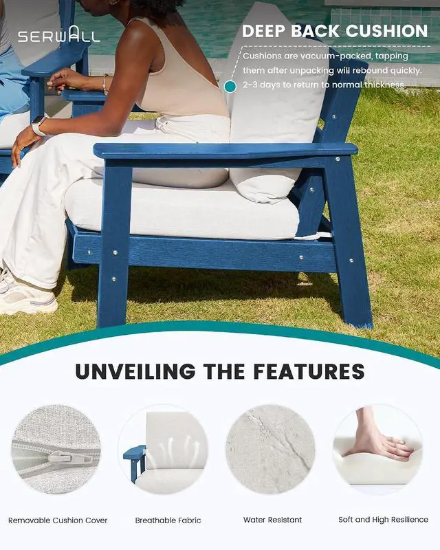 Alt view image 3 of 7 - 4 Piece HDPE Outdoor Furniture Set, All Weather Wood-Like Outdoor Sofa Sectional Couch, Bllue Patio Furniture Set with Khaki Cushions