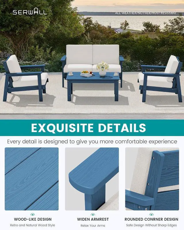 Alt view image 4 of 7 - 4 Piece HDPE Outdoor Furniture Set, All Weather Wood-Like Outdoor Sofa Sectional Couch, Bllue Patio Furniture Set with Khaki Cushions