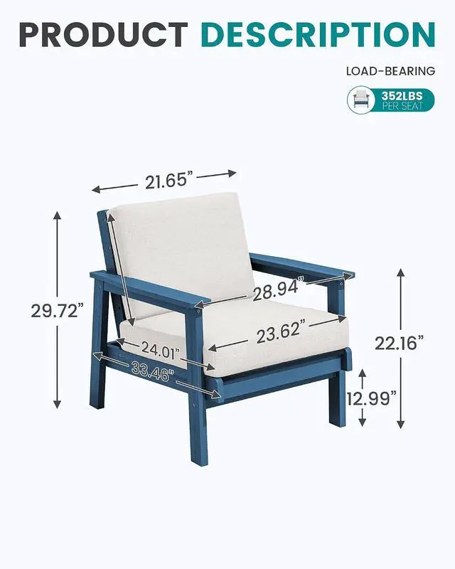 Alt view image 2 of 7 - HDPE Outdoor Couch Set of 2, Blue Frame and Khaki Cushion