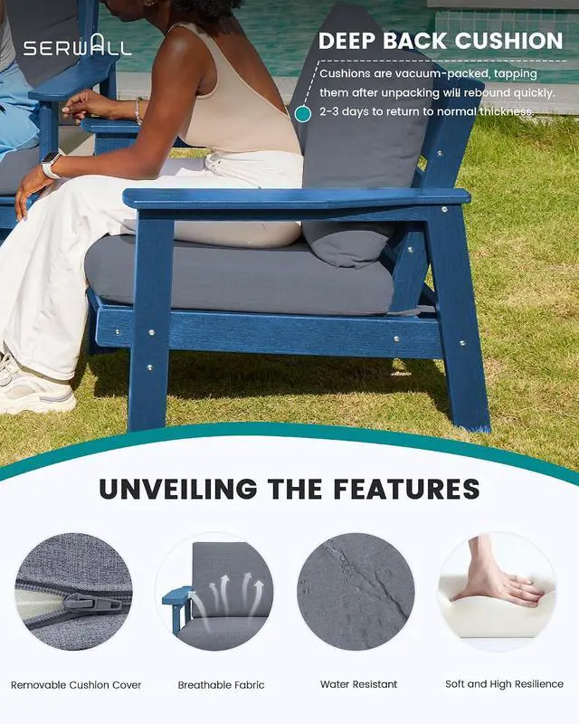 Alt view image 3 of 7 - 4 Piece HDPE Outdoor Furniture Set, All Weather Wood-Like Outdoor Sofa Sectional Couch, Blue Patio Furniture Set with Grey Cushions