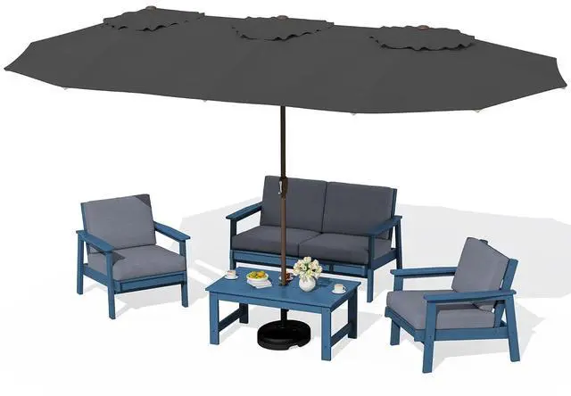 Main image of HDPE Patio Furniture Set with 15FT Double Side Patio Umbrella, All Weather Wood-Like Outdoor Sofa Sectional Couch, Blue Patio Furniture with Grey Cushions