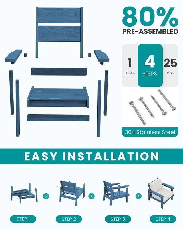Alt view image 7 of 7 - HDPE Outdoor Furniture Set, 7 Piece All Weather Wood-Like Outdoor Sofa Sectional Couch, Blue Patio Furniture Set with Khaki Cushions